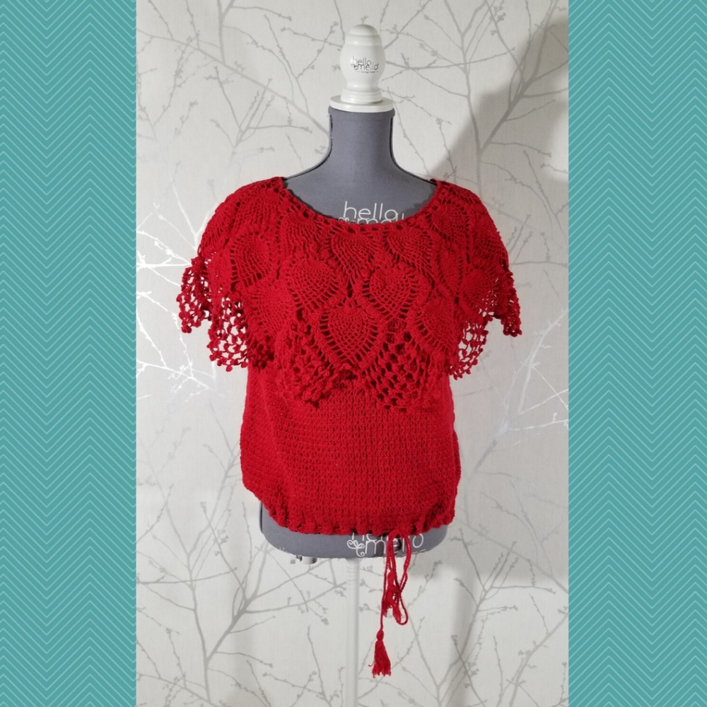International Apparel Mart Red Crochet Tie Hem Top